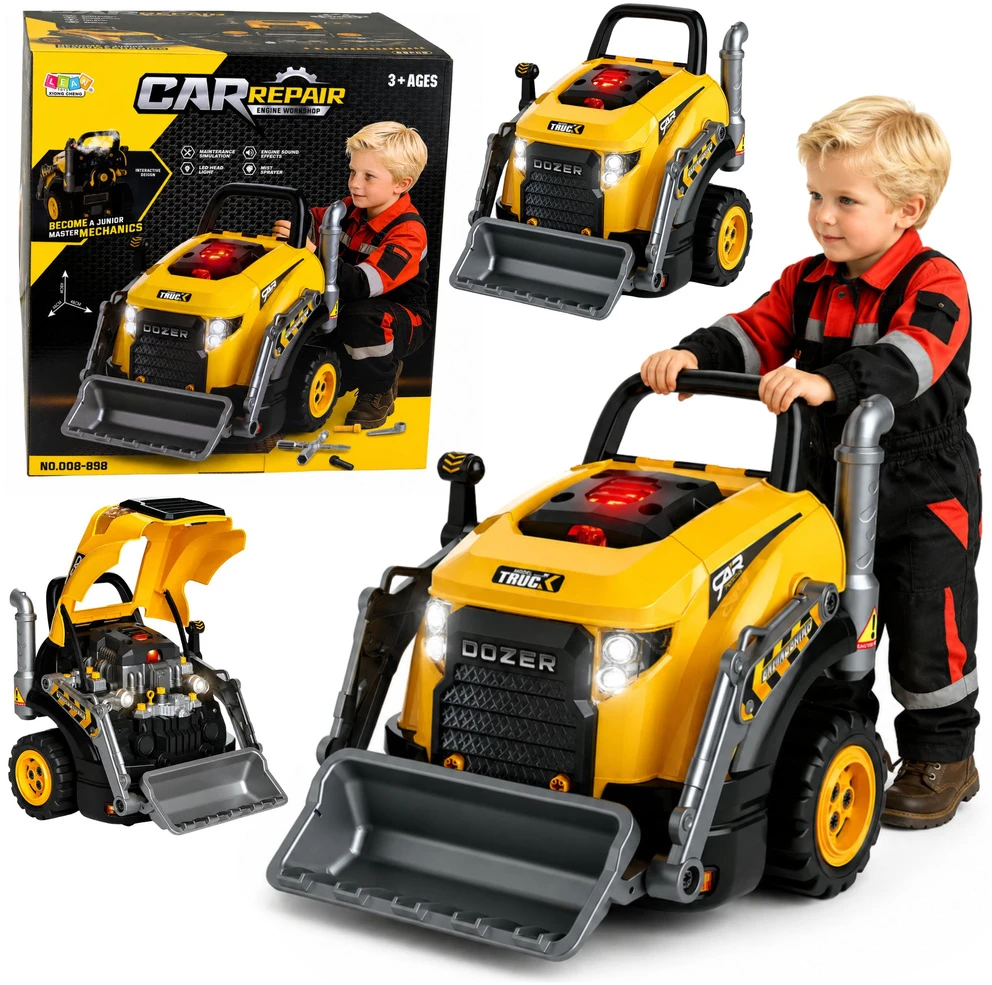 Lean Toys Žaislinis buldozeris su išardomu varikliu ir šviesos bei garso efektais, geltonas su juodais ir pilkais elementais, 41,8 × 34,5 × 43,5 cm