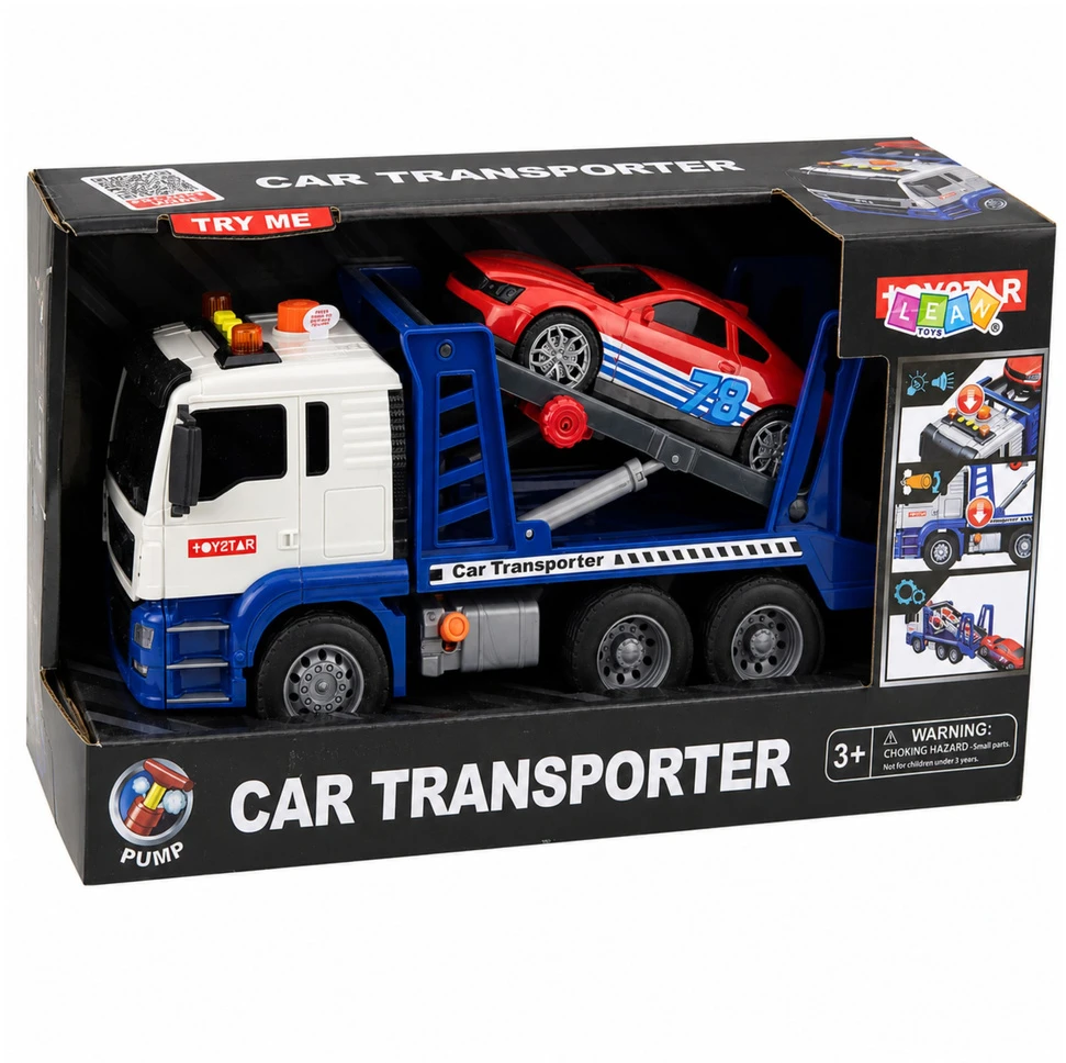 Lean Toys Žaislinis autovežis su sportiniu automobiliu, mėlynas ir baltas, 31,5 × 19,5 × 11 cm