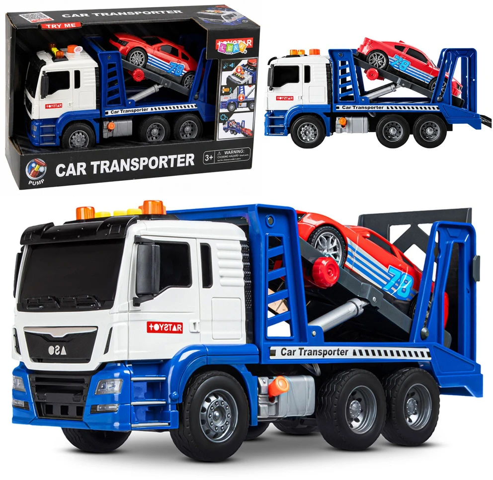 Lean Toys Žaislinis autovežis su sportiniu automobiliu, mėlynas ir baltas, 31,5 × 19,5 × 11 cm