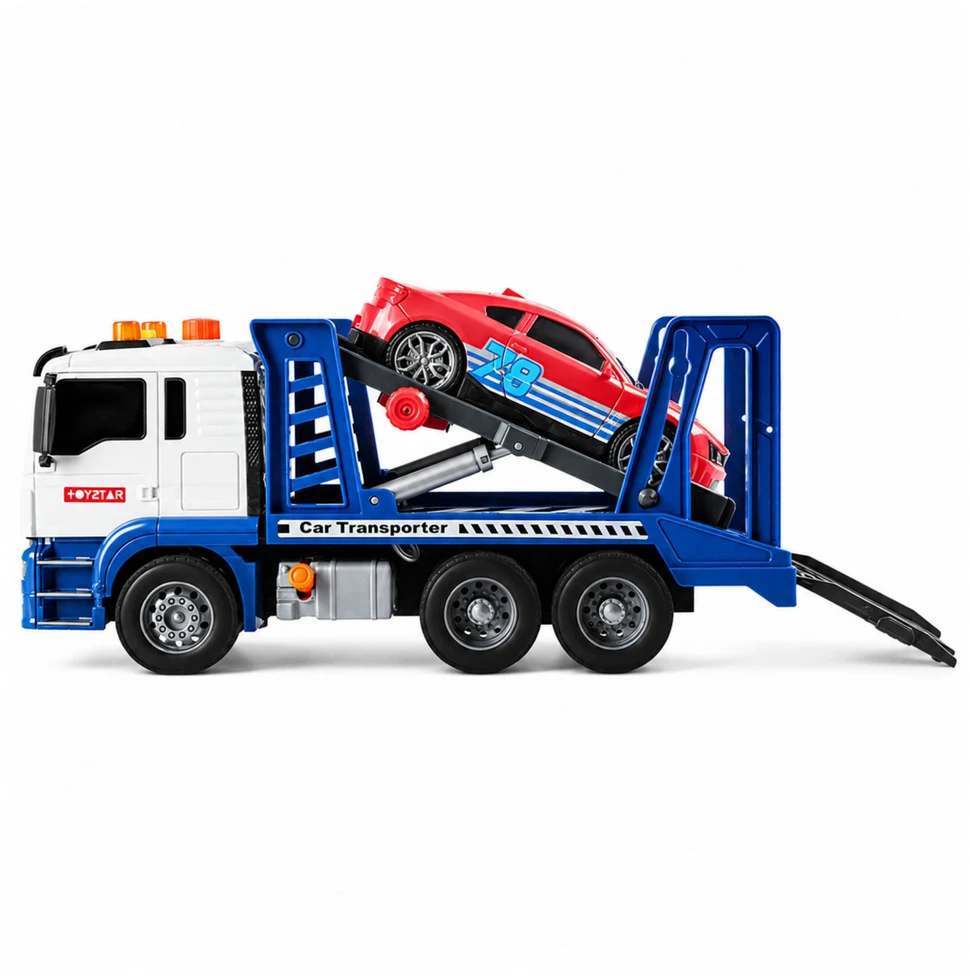 Lean Toys Žaislinis autovežis su sportiniu automobiliu, mėlynas ir baltas, 31,5 × 19,5 × 11 cm