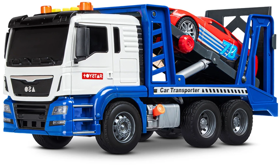 Lean Toys Žaislinis autovežis su sportiniu automobiliu, mėlynas ir baltas, 31,5 × 19,5 × 11 cm