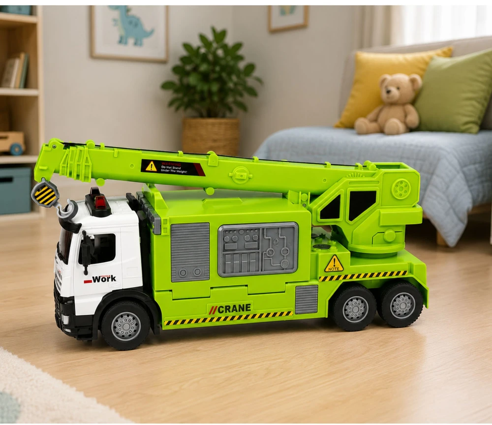 Lean Toys Sunkvežimis su kranu ir transporto platforma žalia 4 vnt.