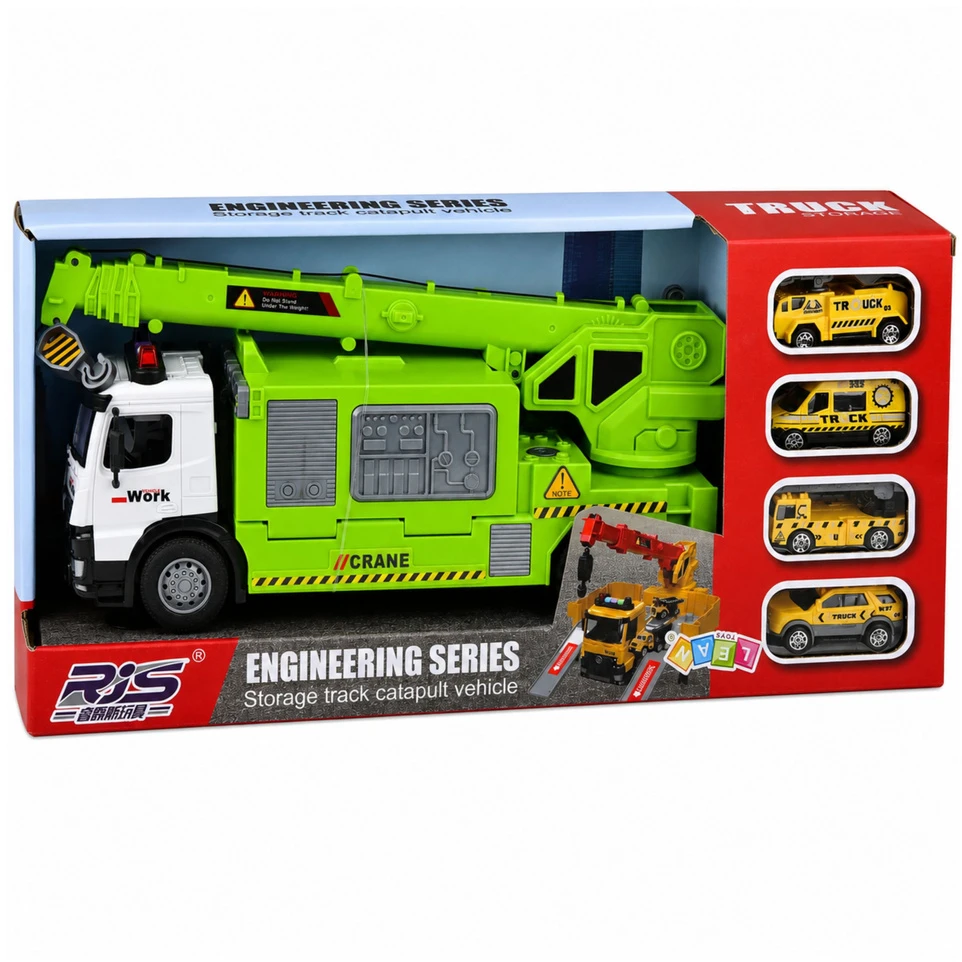 Lean Toys Sunkvežimis su kranu ir transporto platforma žalia 4 vnt.