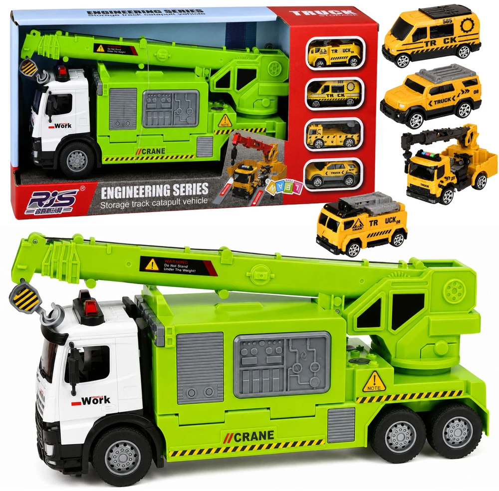Lean Toys Sunkvežimis su kranu ir transporto platforma žalia 4 vnt.