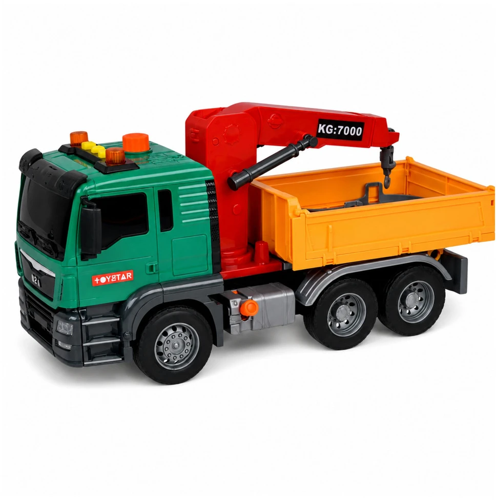 Lean Toys Žaislinis šiukšliavežis su kranu ir šviesos bei garso efektais, žalias ir geltonas, 30 x 14 x 11 cm