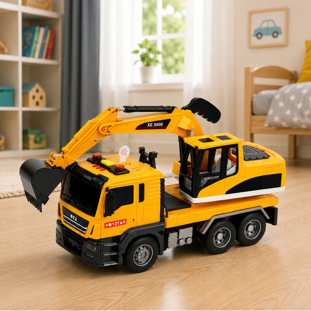 Lean Toys Sunkvežimis su ekskavatoriumi su šviesos ir garso efektais, geltonas, 25 × 16 × 9 cm