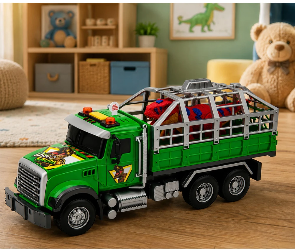 Lean Toys Žaislinis dinozaurų transporteris su šviesos ir garso efektais, žalias, 36 × 16,5 × 11,5 cm