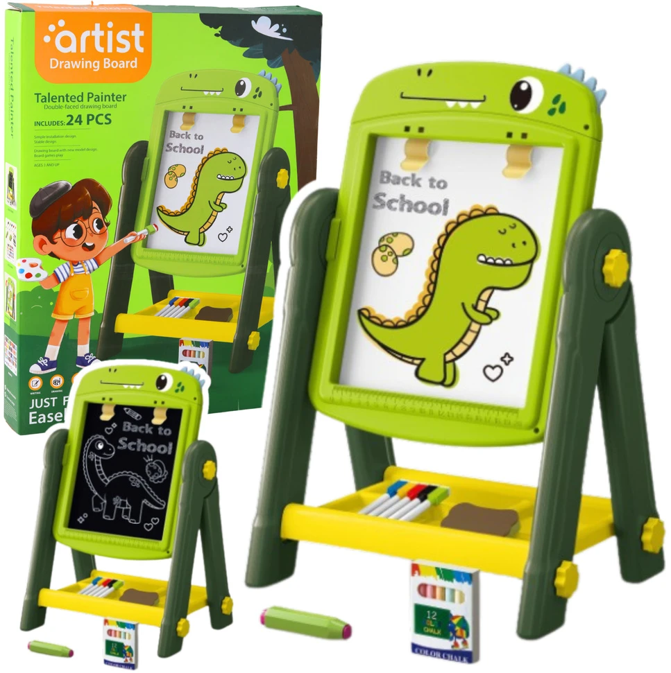 Lean Toys Dvipusė magnetinė lenta vaikams su stoveliu, 49x34x26 cm, žalia