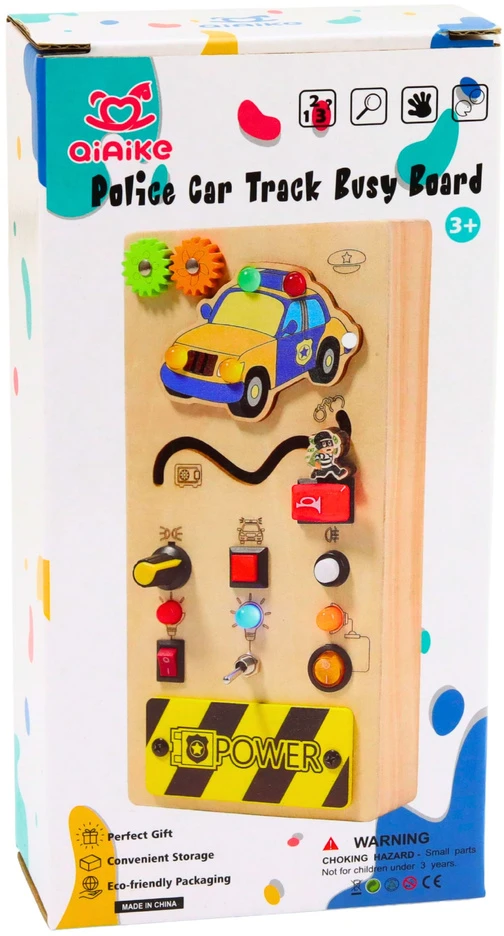 Lean Toys Medinė edukacinė manipuliacinė lenta policijos automobiliui su LED
