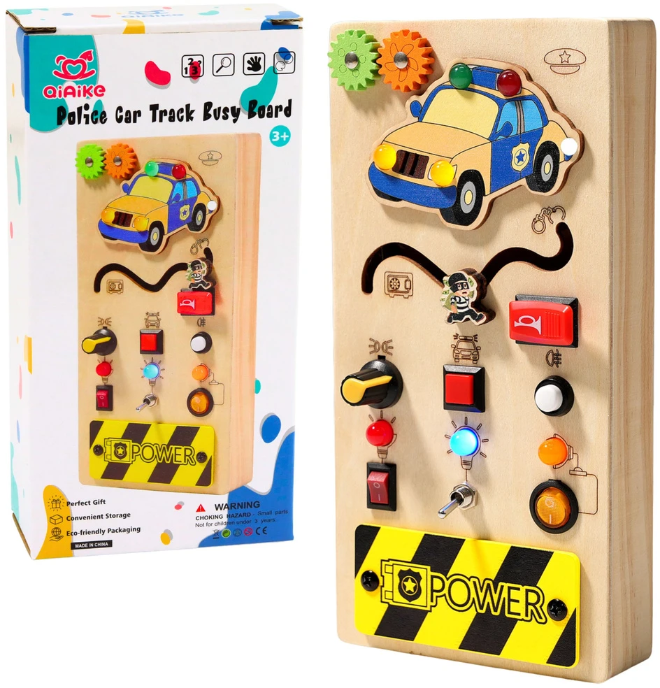 Lean Toys Medinė edukacinė manipuliacinė lenta policijos automobiliui su LED