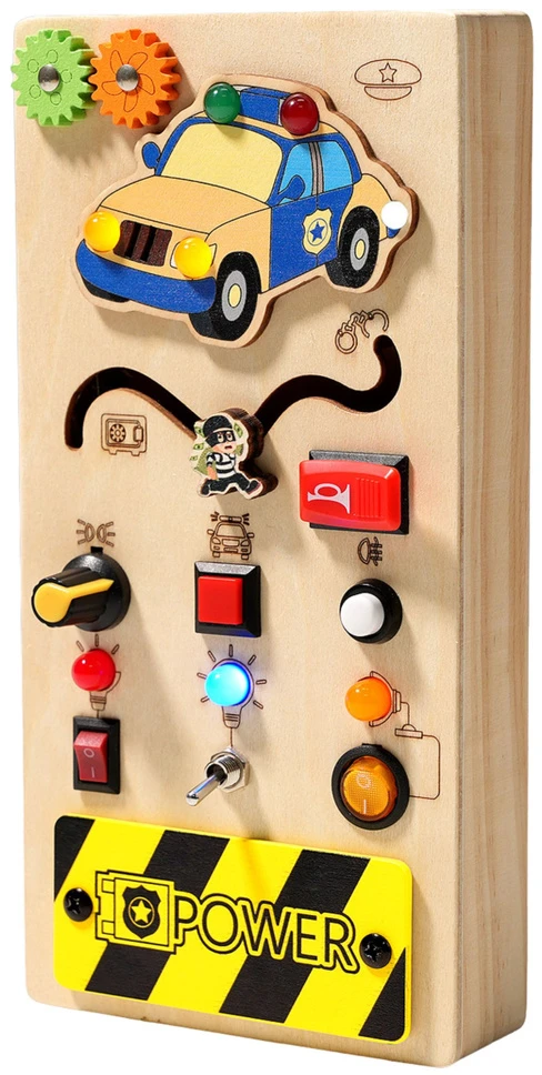 Lean Toys Medinė edukacinė manipuliacinė lenta policijos automobiliui su LED
