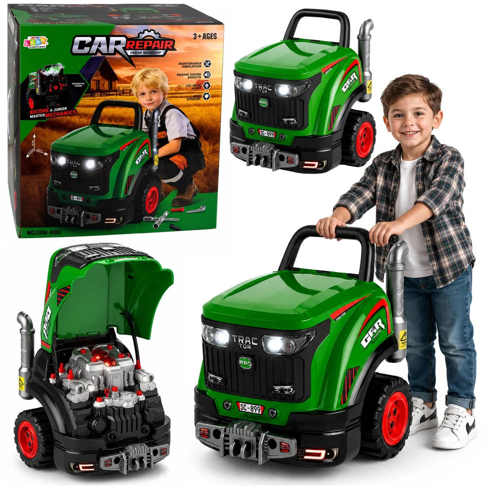 Lean Toys Žaislinis traktorius su ardoma variklio dalimi ir šviesos bei garso efektais, žalias ir juodas, 41,8 × 34,5 × 43,5 cm
