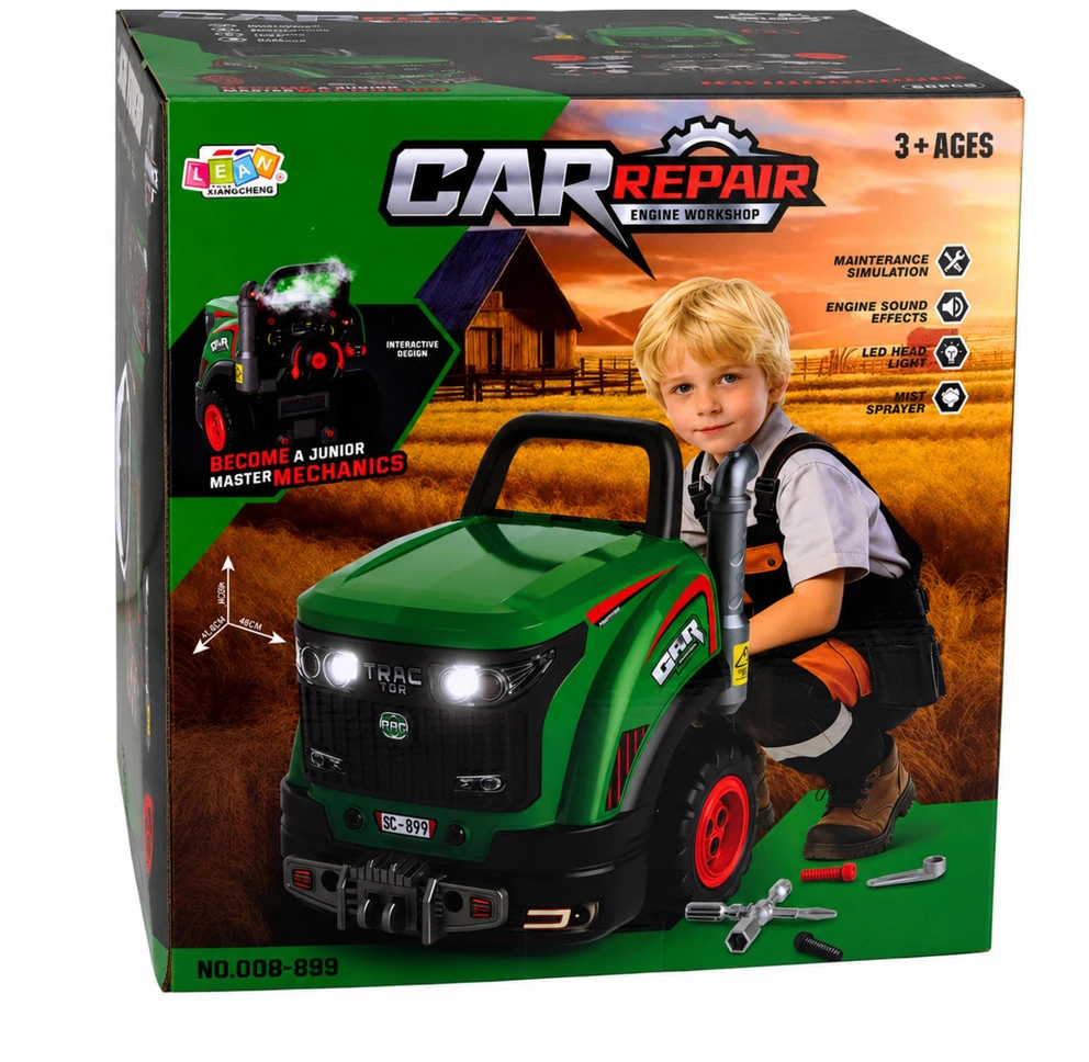 Lean Toys Žaislinis traktorius su ardoma variklio dalimi ir šviesos bei garso efektais, žalias ir juodas, 41,8 × 34,5 × 43,5 cm