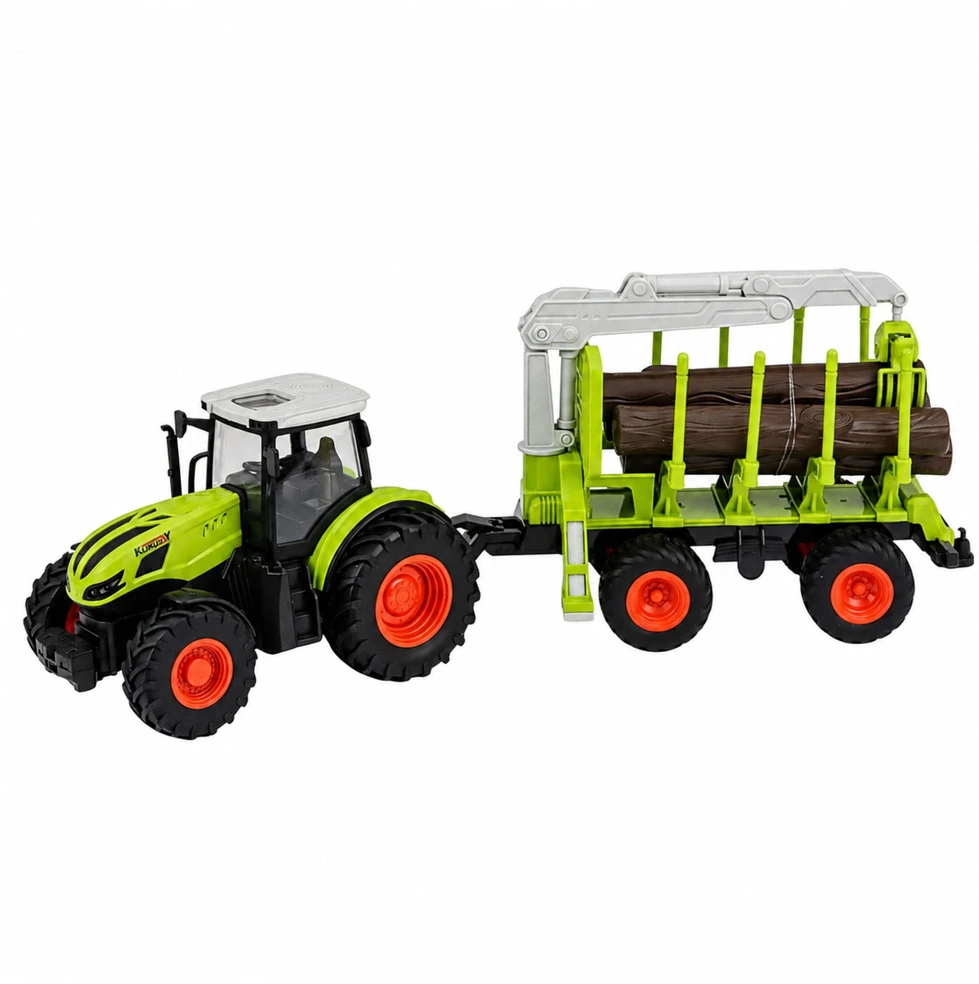 Lean Toys Nuotolinio valdymo traktorius su miško priekaba ir rąstų griebtuvu 1:24