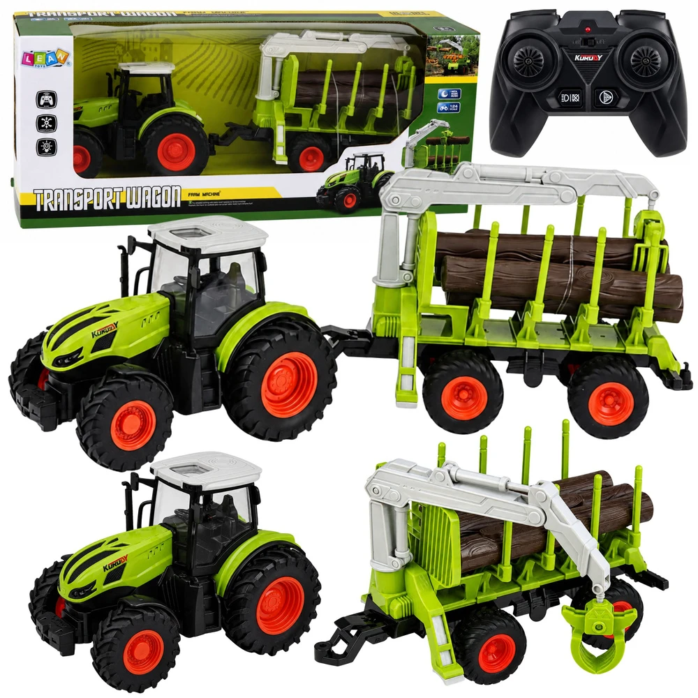 Lean Toys Nuotolinio valdymo traktorius su miško priekaba ir rąstų griebtuvu 1:24