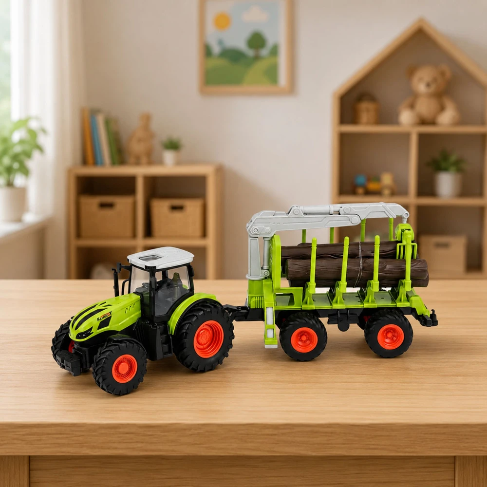 Lean Toys Nuotolinio valdymo traktorius su miško priekaba ir rąstų griebtuvu 1:24
