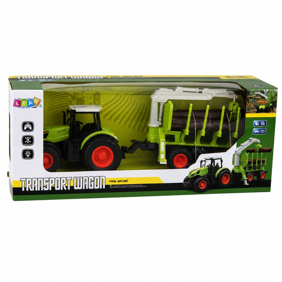 Lean Toys Nuotolinio valdymo traktorius su miško priekaba ir rąstų griebtuvu 1:24