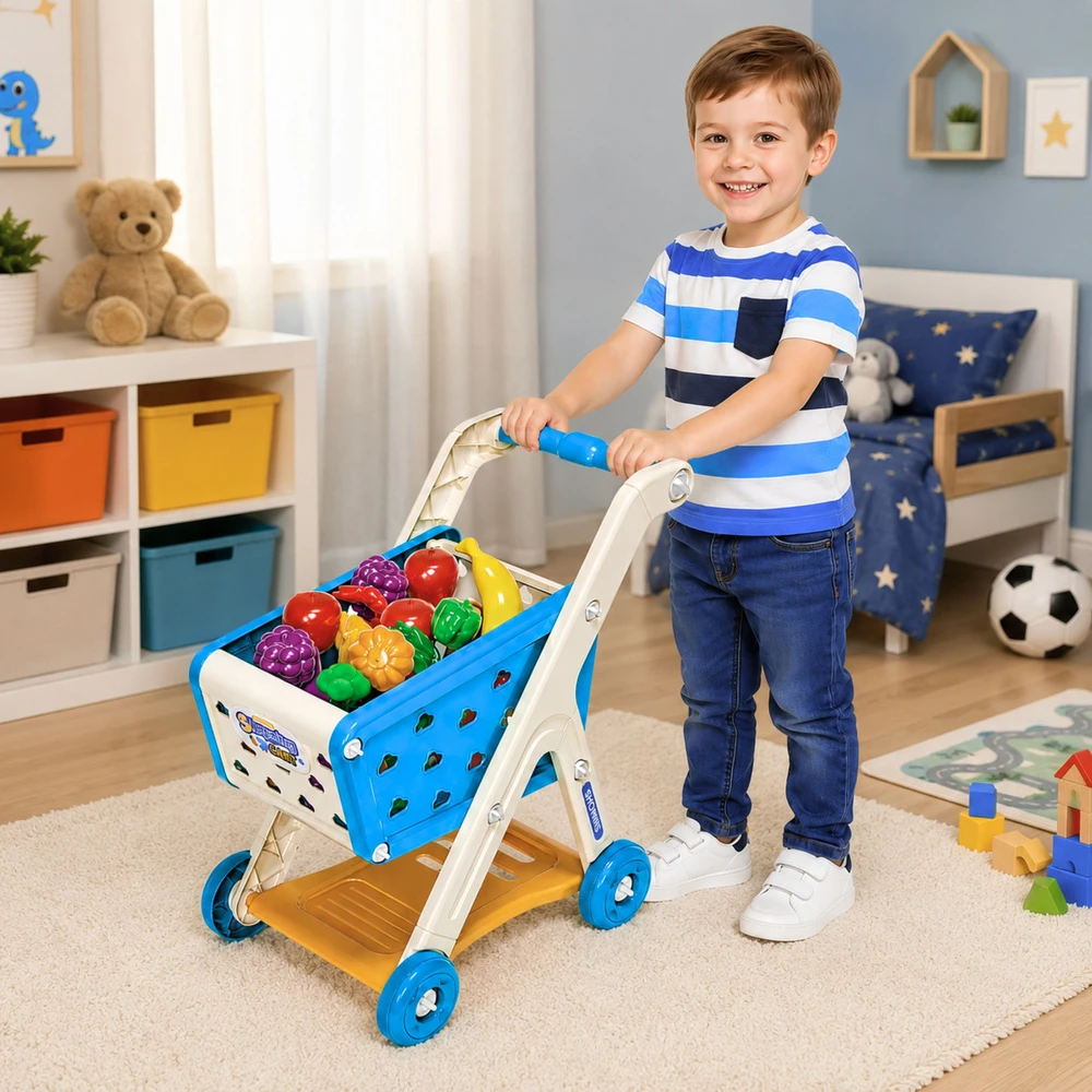 Lean Toys Vaikiškas pirkinių vežimėlis su priedais, mėlynas, 42 × 28 × 48 cm, 26 dalių