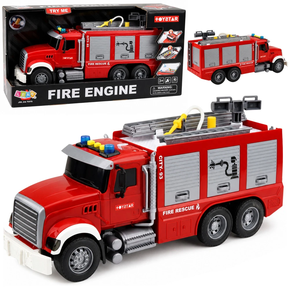 Lean Toys Žaislinis gaisrinis automobilis su ištraukiamomis kopėčiomis ir vandens purškimo funkcija, raudonas ir baltas, 36 x 16 x 11 cm