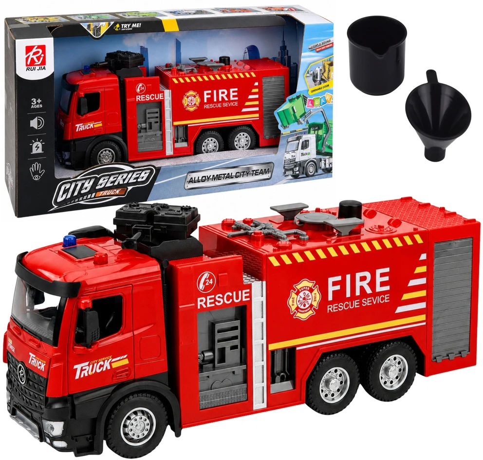 Lean Toys Žaislinis gaisrinis automobilis su vandens purškimo funkcija ir šviesos bei garso efektais, 35,5 × 15 × 9,5 cm