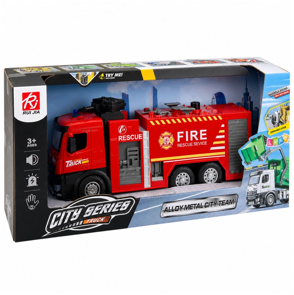 Lean Toys Žaislinis gaisrinis automobilis su vandens purškimo funkcija ir šviesos bei garso efektais, 35,5 × 15 × 9,5 cm