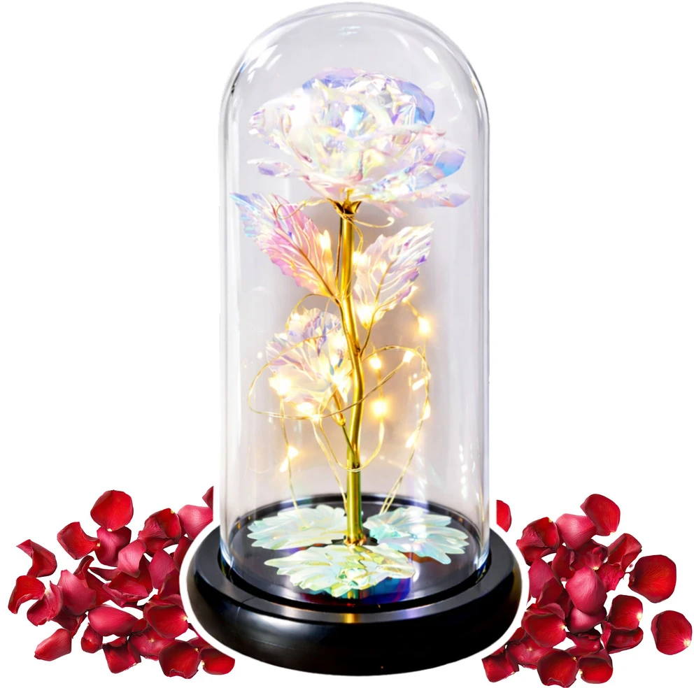 Lean Amžinoji rožė kristaliniame kupole spalvotas LED apšvietimas 21x11cm