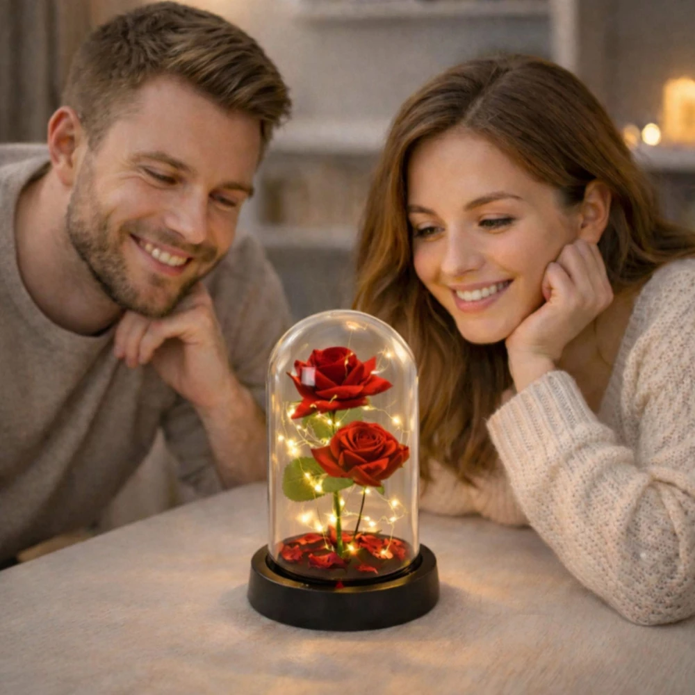 Lean Eternal 2 Roses in Dome with LED apšvietimas and Rose Petals Raudona 21x11cm