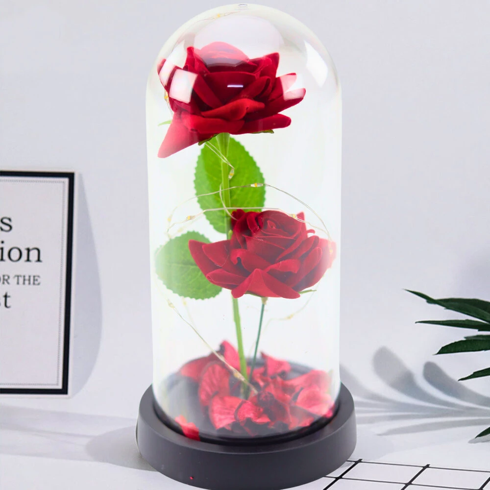 Lean Eternal 2 Roses in Dome with LED apšvietimas and Rose Petals Raudona 21x11cm