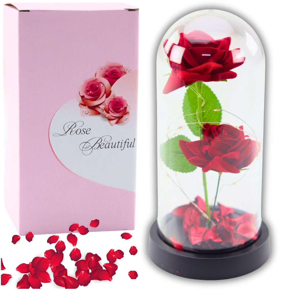 Lean Eternal 2 Roses in Dome with LED apšvietimas and Rose Petals Raudona 21x11cm