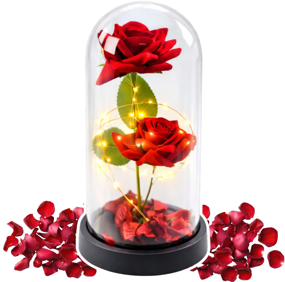 Lean Eternal 2 Roses in Dome with LED apšvietimas and Rose Petals Raudona 21x11cm
