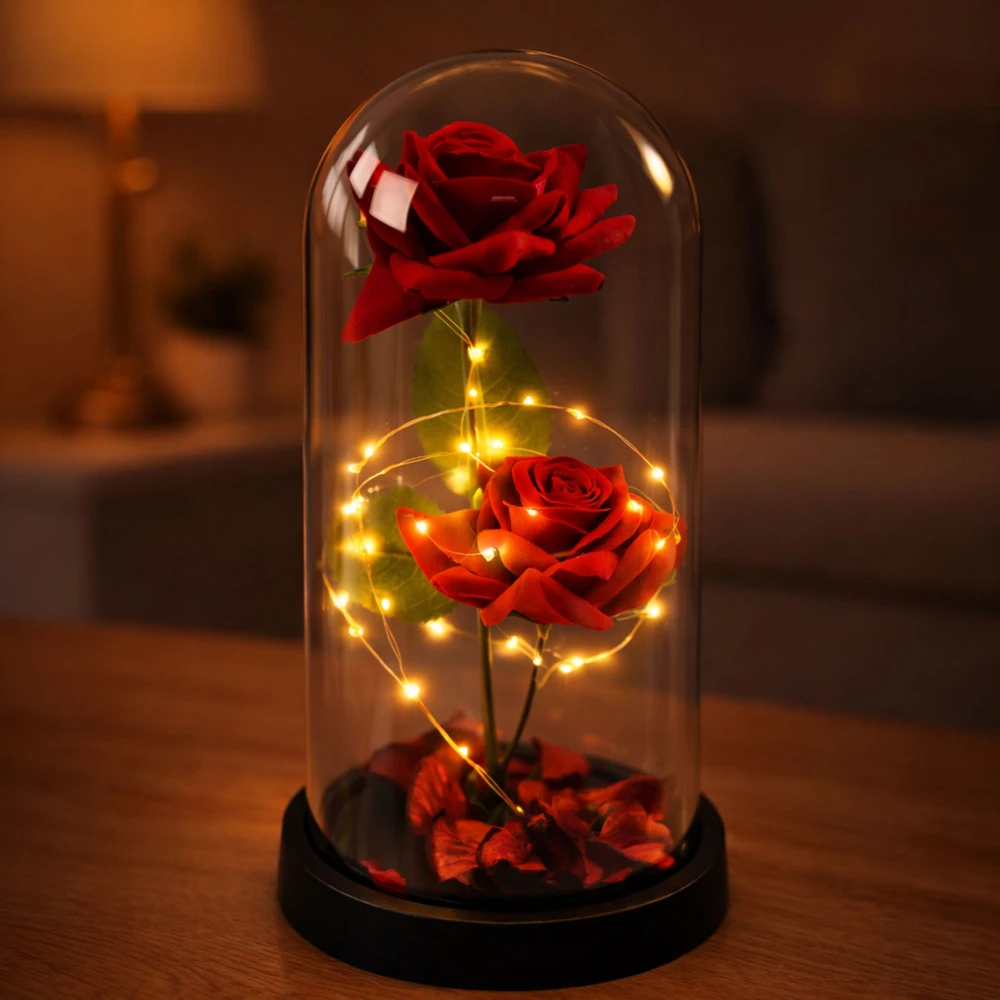 Lean Eternal 2 Roses in Dome with LED apšvietimas and Rose Petals Raudona 21x11cm