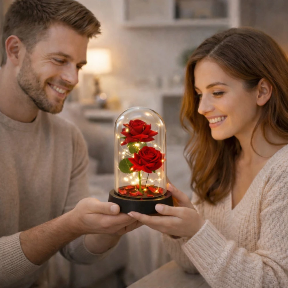 Lean Eternal 2 Roses in Dome with LED apšvietimas and Rose Petals Raudona 21x11cm
