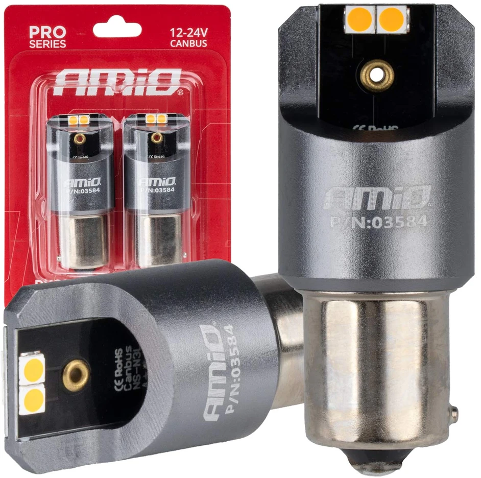 LED lemputės full canbus pro py21w 4x3030 smd oranžinė 12v 24v amio-03584