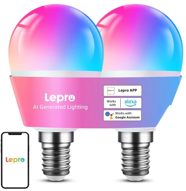 LEPRO BP1-2 E14 LED lemputė su „Bluetooth“ ir „Wi-Fi“, 470 lm, 2 vnt. pakuotėje
