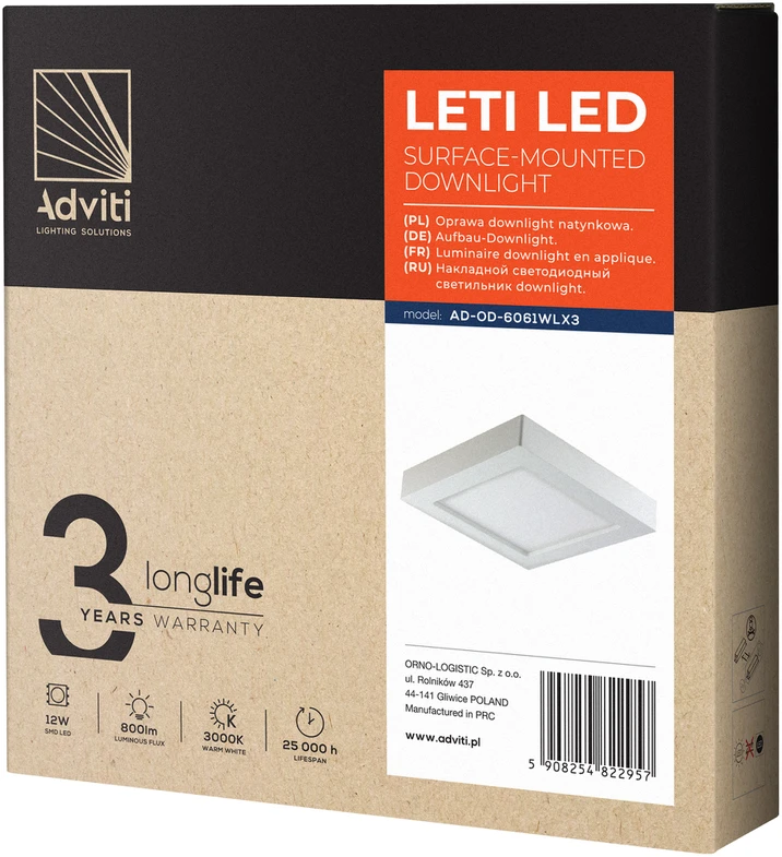 Orno LETI LED 12W, įleidžiamas šviestuvas, paviršinio montavimo, kvadratinis, 800lm, 3000K, baltas, su integruotu LED maitinimo šaltiniu