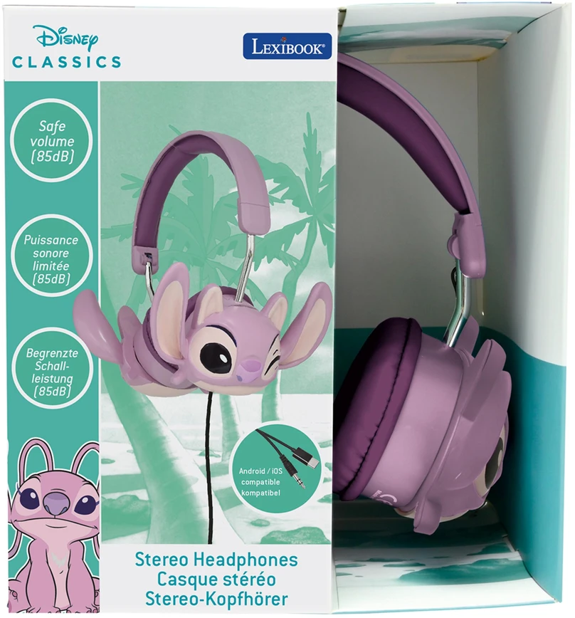 Lexibook - DISNEY Stitch „Angel“ laidinės sulankstomos ausinės su saugiu garsumo ribojimu (HP015D1)