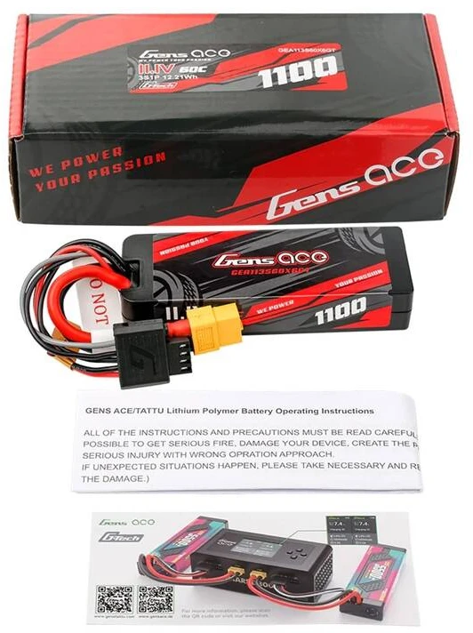 Lipo Gens ace G-Tech 1100mAh 11.1V 3S1P 60C GRP-76 kietojo korpuso baterija su XT60 kištuku