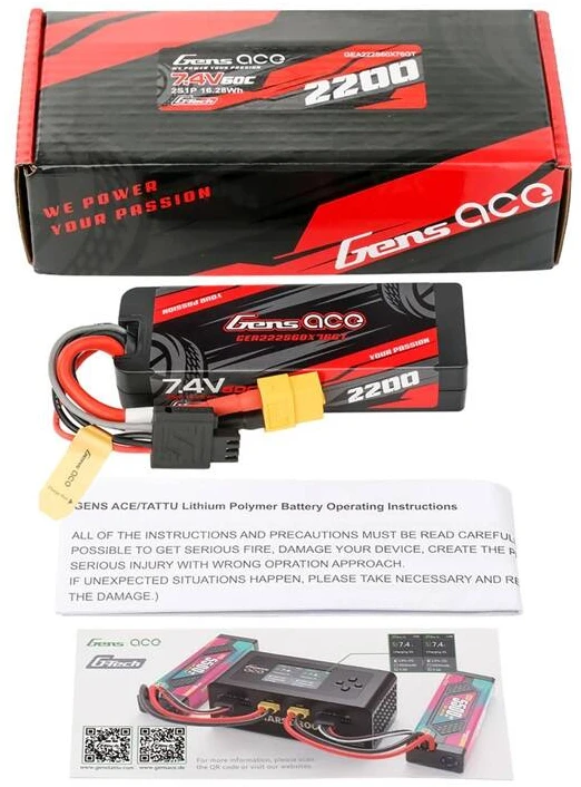 Lipo Gens ace G-Tech 2200 mAh 7,4 V 2S1P 60C GRP-76 kietojo korpuso baterija su XT60 kištuku