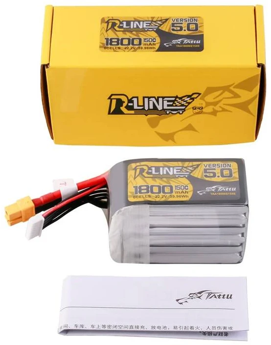 Gens Ace & Tattu Lipo Tattu R-Line 5.0 versija 1800mAh 22.2V 150C 6S baterija su XT60 jungtimi