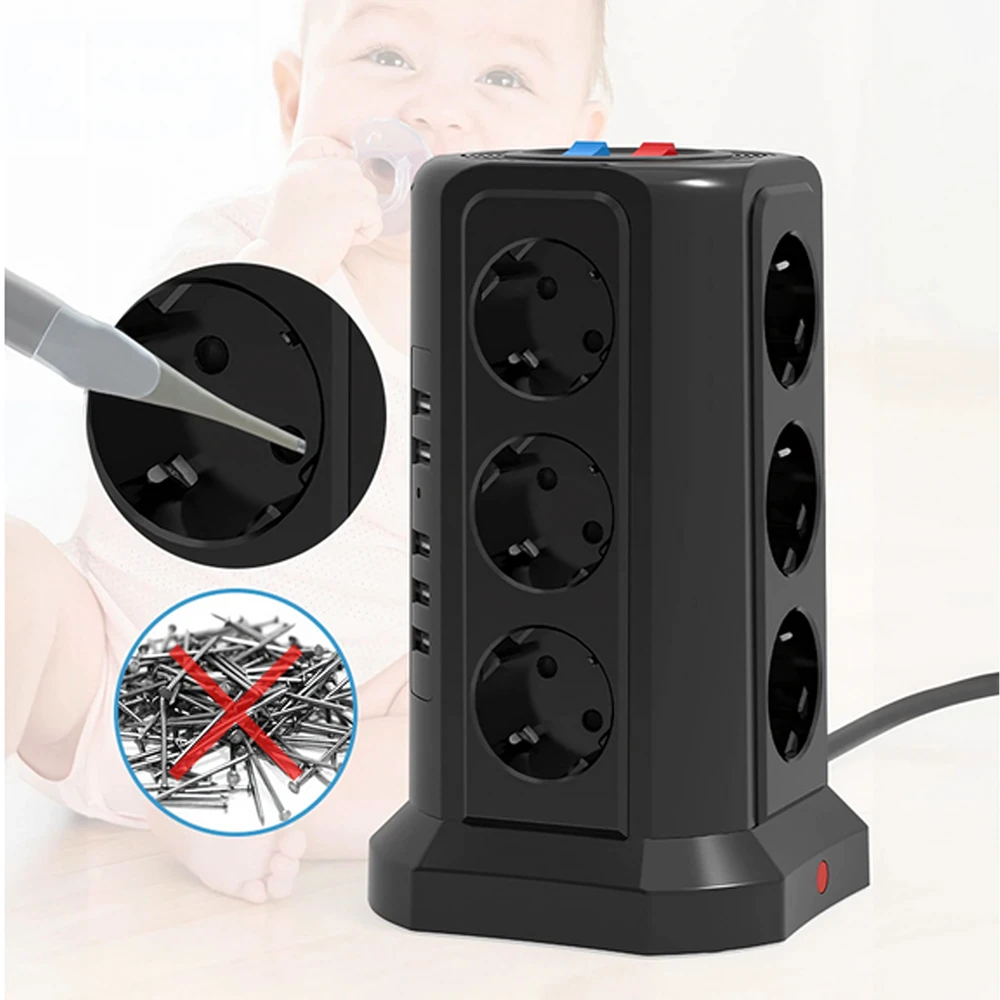 Listwa Ant grindų pastatomas žaibo apsaugos maitinimo lizdas, 12 lizdų + 5 USB prievadai perkrovimui