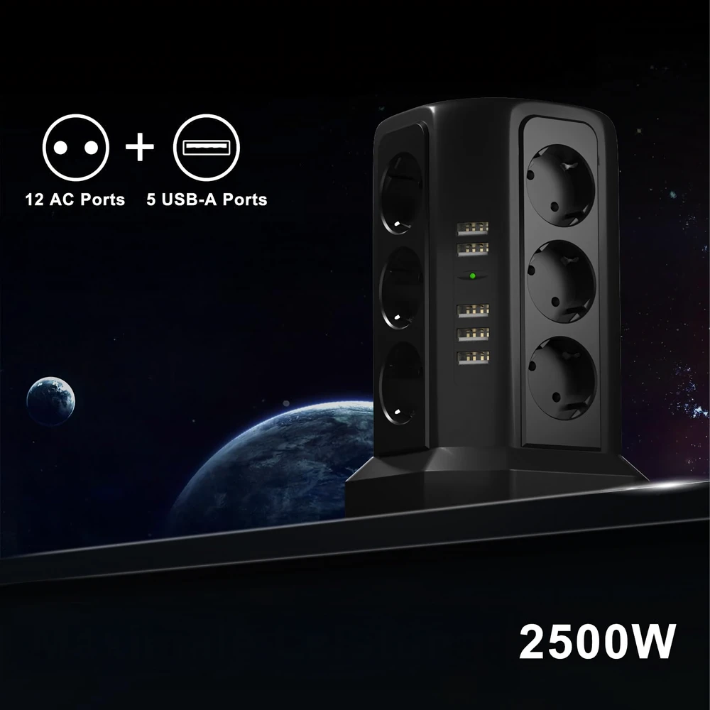 Listwa Ant grindų pastatomas žaibo apsaugos maitinimo lizdas, 12 lizdų + 5 USB prievadai perkrovimui