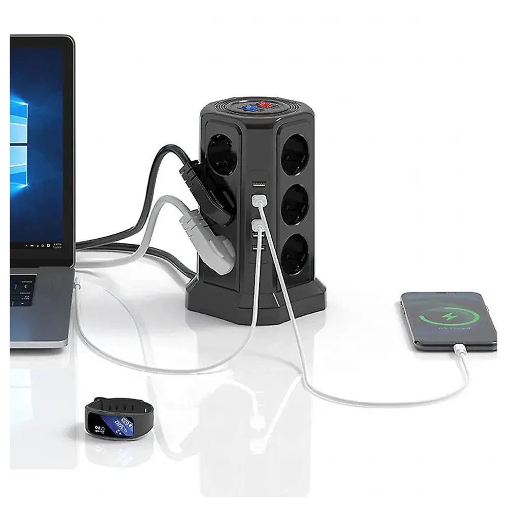 Listwa Ant grindų pastatomas žaibo apsaugos maitinimo lizdas, 12 lizdų + 5 USB prievadai perkrovimui