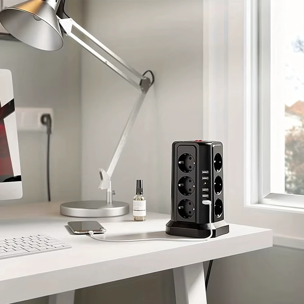 Listwa Ant grindų pastatomas žaibo apsaugos maitinimo lizdas, 12 lizdų + 5 USB prievadai perkrovimui