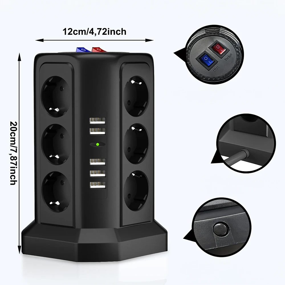 Listwa Ant grindų pastatomas žaibo apsaugos maitinimo lizdas, 12 lizdų + 5 USB prievadai perkrovimui