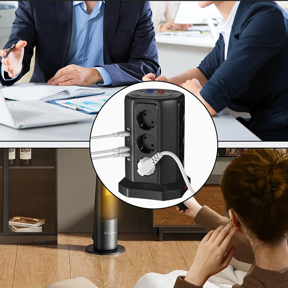 Listwa Ant grindų pastatomas žaibo apsaugos maitinimo lizdas, 12 lizdų + 5 USB prievadai perkrovimui