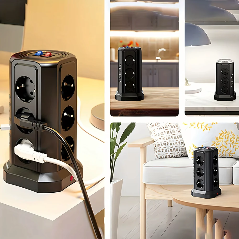 Listwa Ant grindų pastatomas žaibo apsaugos maitinimo lizdas, 12 lizdų + 5 USB prievadai perkrovimui