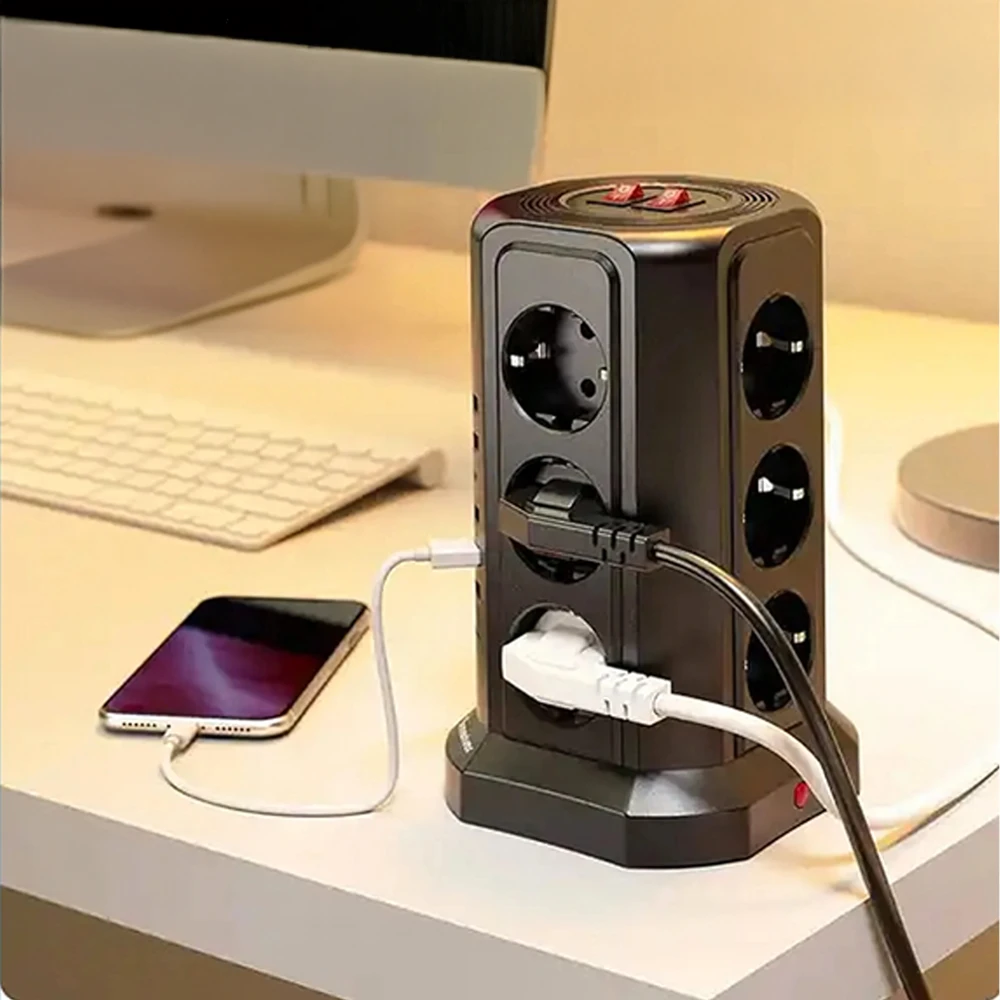 Listwa Ant grindų pastatomas žaibo apsaugos maitinimo lizdas, 12 lizdų + 5 USB prievadai perkrovimui