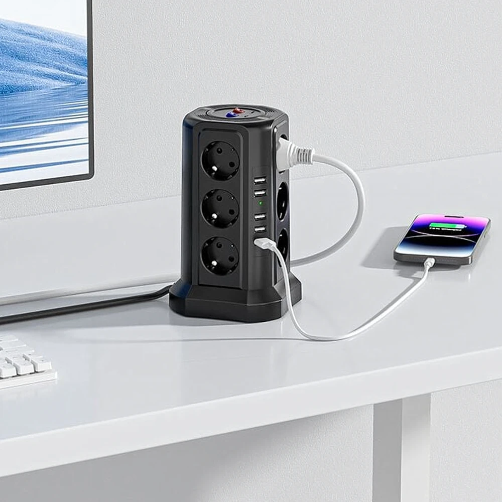 Listwa Ant grindų pastatomas žaibo apsaugos maitinimo lizdas, 12 lizdų + 5 USB prievadai perkrovimui