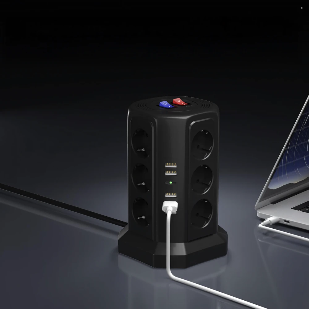 Listwa Ant grindų pastatomas žaibo apsaugos maitinimo lizdas, 12 lizdų + 5 USB prievadai perkrovimui