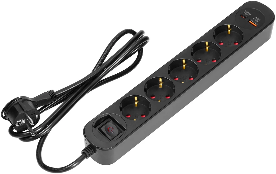 Listwa Apsauginė juostelė nuo viršįtampių, 5 lizdai 2P+Z (Schuko), laidas 3x1.5mm2, ilgis 1.5m, su apšviestu dvipusiu jungikliu, 16A, apsauga nuo viršįtampių, įkroviklis 2xUSB, 2.1A, plokščias kištukas, juodas